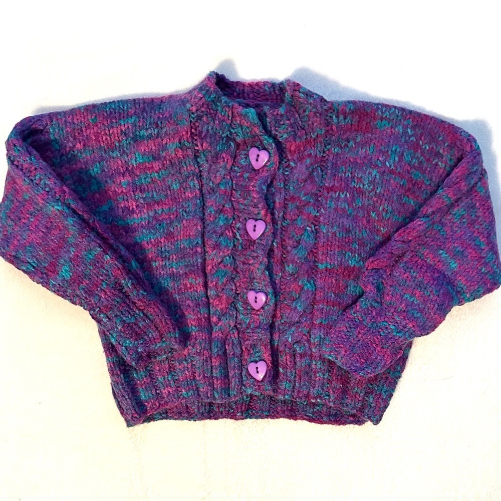 Vtg Handmade Knit Purple Teal Cardigan Sweater Baby Girl 18M Heart Buttons